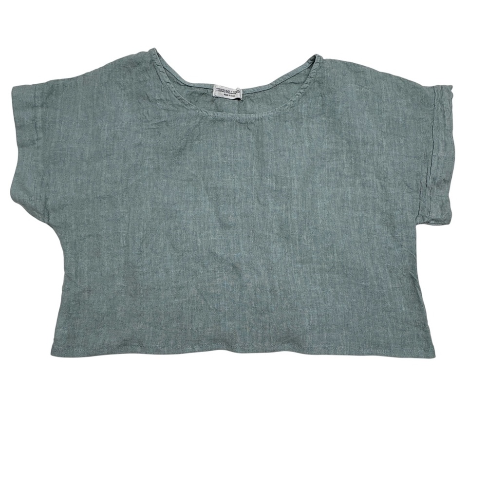 top linen M/L short sleeve cropped Terzo Millennio green